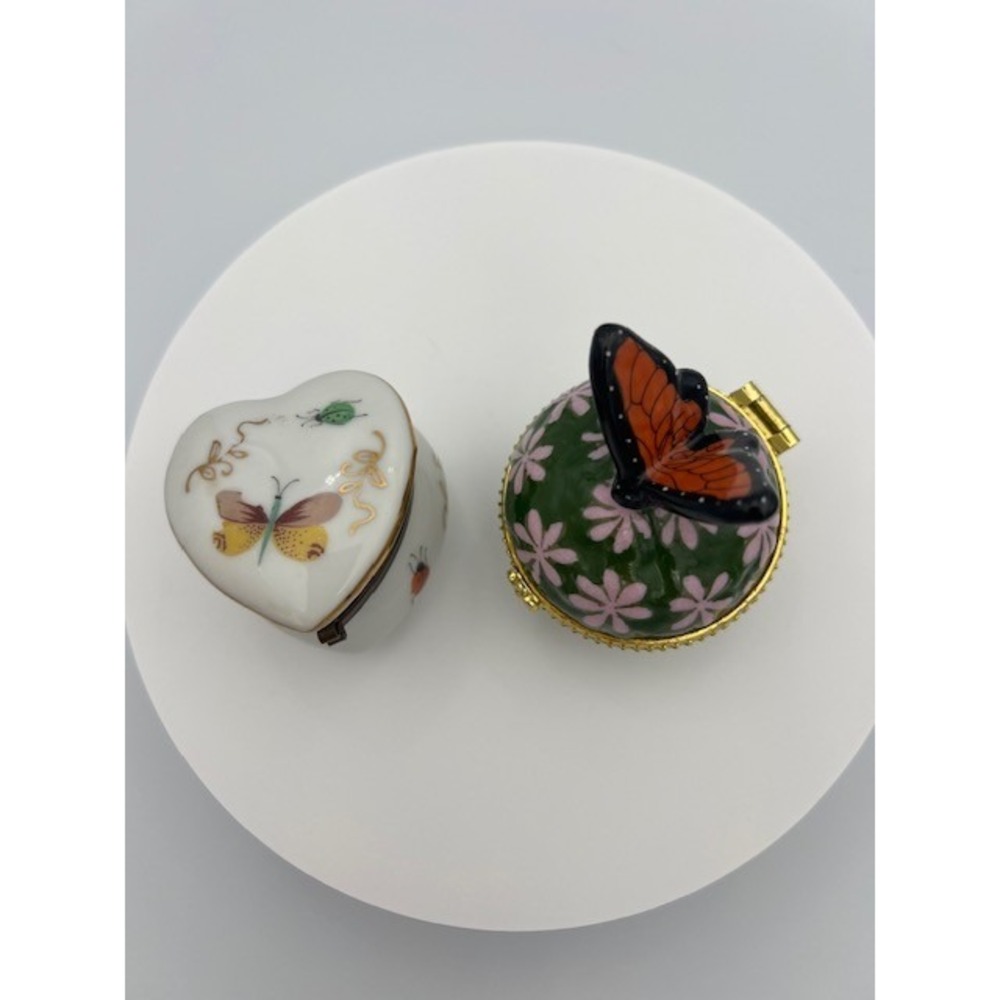Limoges Porcelain Trinket Box Set Butterfly Heart Ladybug Hand Painted 2pc - Picture 6 of 12